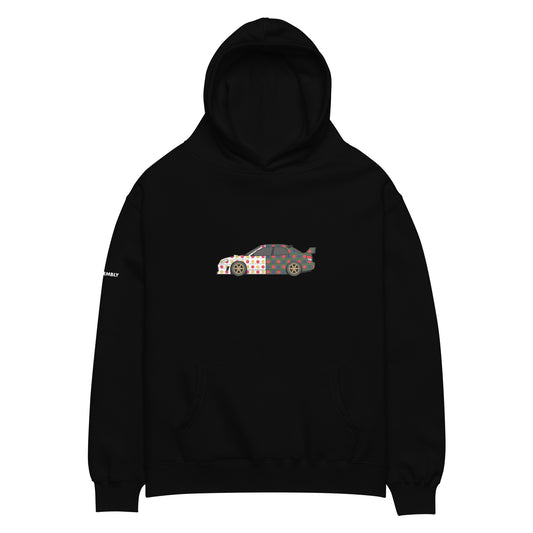 Front view of the FPOTBD WRX STI Assembly Ship livery pullover hoodie in Black.