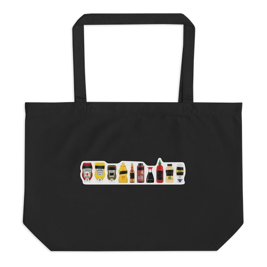 Black organic cotton tote bag with FPOTBD Censored Condiments 2.0 bottles graphic print.